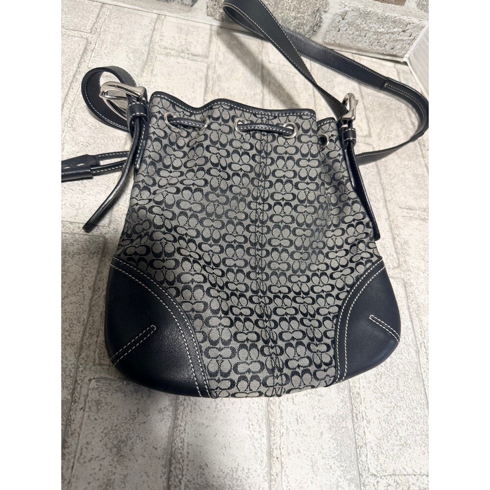 COACH Vintage 6387 Signature Canvas Drawstring Shoulder Bag Black Rare